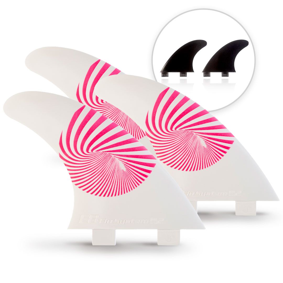 quillas surf fcs compatibles de la marca e8 fin system en color blanco y rosa
